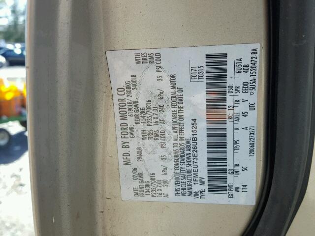 1FMEU73E26UB15254 - 2006 FORD EXPLORER X TAN photo 10