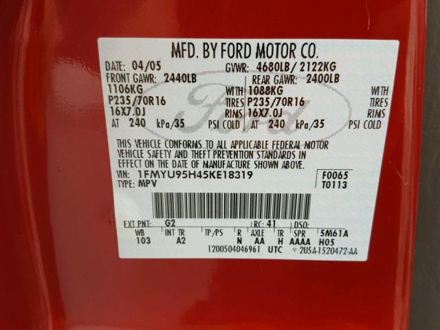 1FMYU95H45KE18319 - 2005 FORD ESCAPE HEV RED photo 10