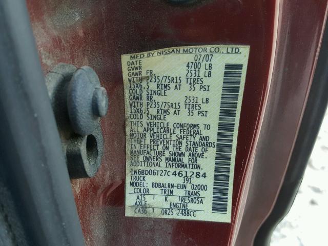 1N6BD06T27C461284 - 2007 NISSAN FRONTIER K RED photo 10