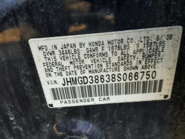 JHMGD38638S066750 - 2008 HONDA FIT SPORT BLUE photo 10