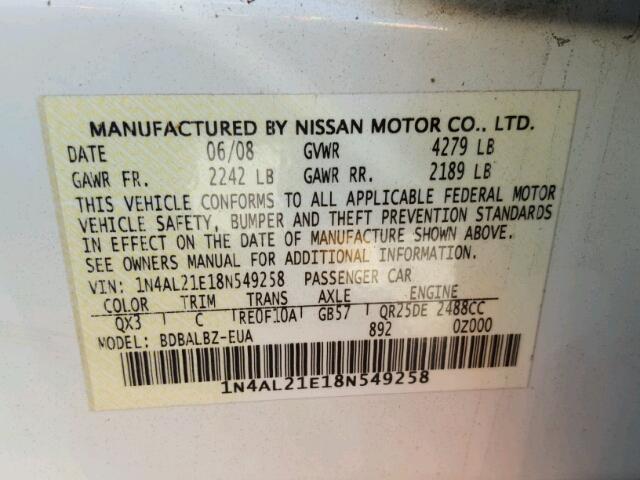 1N4AL21E18N549258 - 2008 NISSAN ALTIMA 2.5 WHITE photo 10