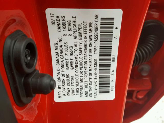 2HGFC1F72HH643504 - 2017 HONDA CIVIC EXL RED photo 10