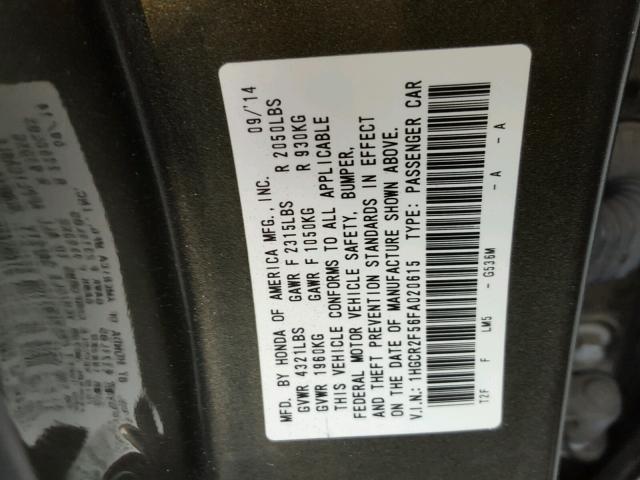 1HGCR2F56FA020615 - 2015 HONDA ACCORD SPO GRAY photo 10