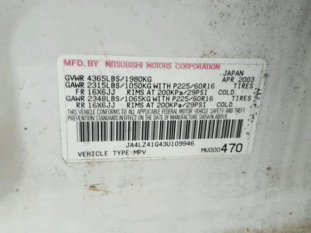 JA4LZ41G43U109946 - 2003 MITSUBISHI OUTLANDER WHITE photo 10