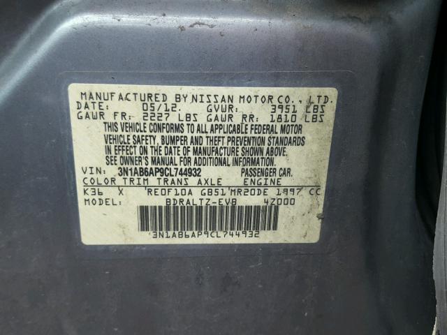 3N1AB6AP9CL744932 - 2012 NISSAN SENTRA 2.0 GRAY photo 10