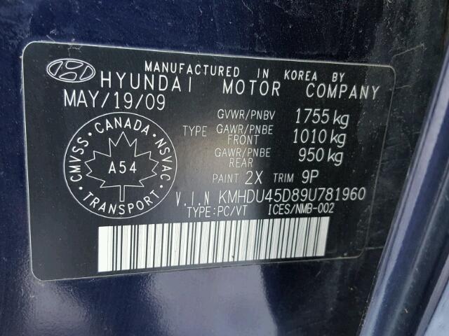 KMHDU45D89U781960 - 2009 HYUNDAI ELANTRA GL BLUE photo 10