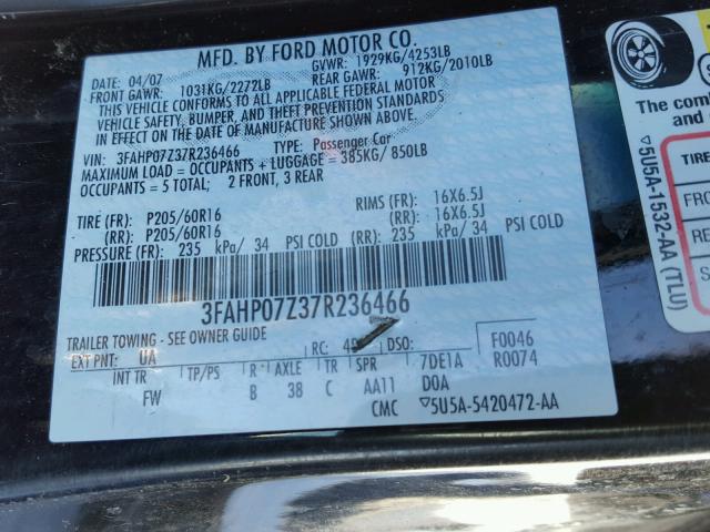 3FAHP07Z37R236466 - 2007 FORD FUSION SE BLACK photo 10