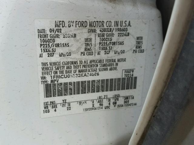 1FMCU03133KA34086 - 2003 FORD ESCAPE XLT WHITE photo 10