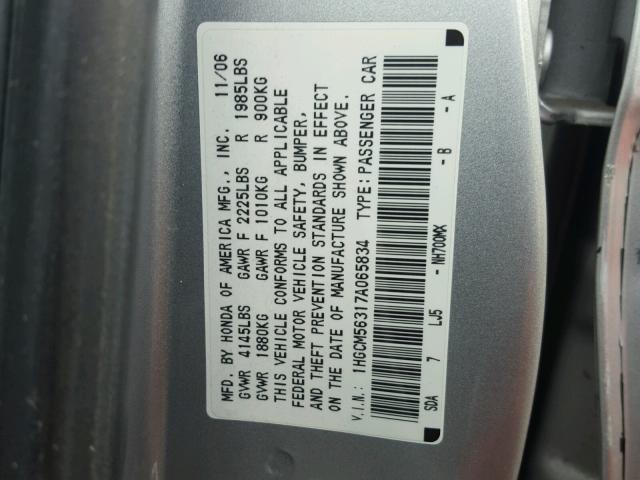 1HGCM56317A065834 - 2007 HONDA ACCORD SE SILVER photo 10