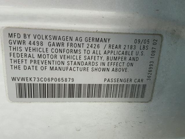 WVWEK73C06P065879 - 2006 VOLKSWAGEN PASSAT 2.0 SILVER photo 10