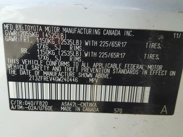 2T3ZFREV4GW240446 - 2016 TOYOTA RAV4 LE WHITE photo 10