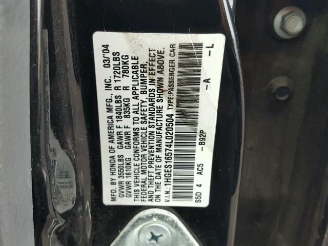 1HGES16574L020504 - 2004 HONDA CIVIC BLACK photo 10