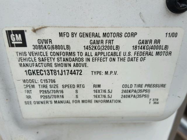 1GKEC13T81J174472 - 2001 GMC YUKON WHITE photo 10