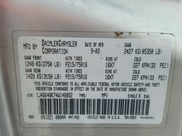 1J4GK48K74W146852 - 2004 JEEP LIBERTY SP SILVER photo 10