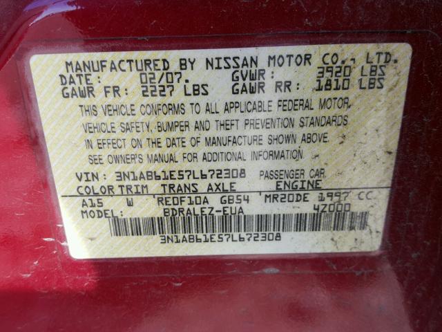 3N1AB61E57L672308 - 2007 NISSAN SENTRA 2.0 RED photo 10