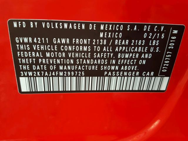 3VW2K7AJ4FM299725 - 2015 VOLKSWAGEN JETTA BASE RED photo 10