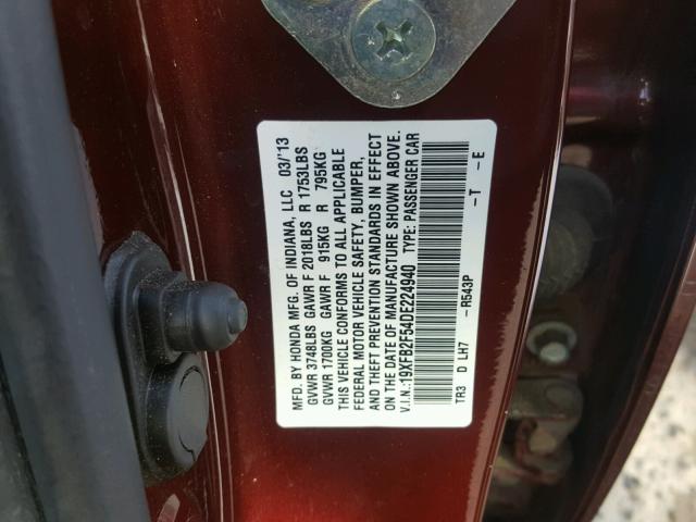 19XFB2F54DE224940 - 2013 HONDA CIVIC LX BURGUNDY photo 10