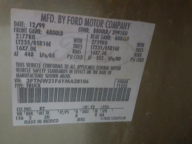 3FTNW21F6YMA28106 - 2000 FORD F250 SUPER TAN photo 10