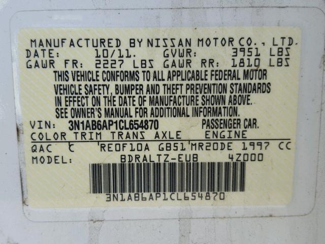 3N1AB6AP1CL654870 - 2012 NISSAN SENTRA 2.0 WHITE photo 10