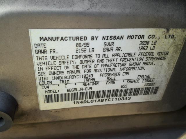 1N4DL01A8YC110343 - 2000 NISSAN ALTIMA XE GOLD photo 10