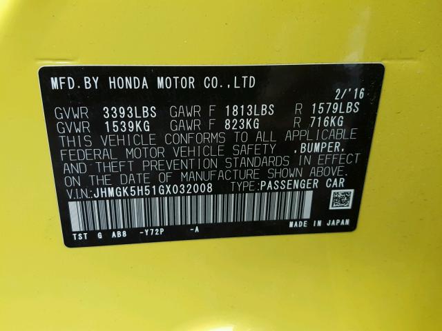 JHMGK5H51GX032008 - 2016 HONDA FIT LX YELLOW photo 10