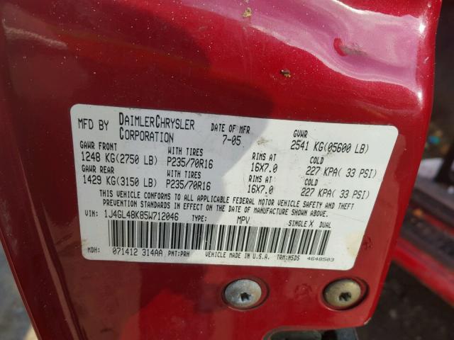 1J4GL48K85W712046 - 2005 JEEP LIBERTY SP RED photo 10