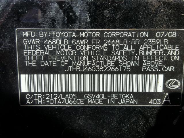 JTHBJ46G382266175 - 2008 LEXUS ES 350 BLACK photo 10