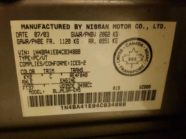 1N4BA41E84C834888 - 2004 NISSAN MAXIMA SE BEIGE photo 10