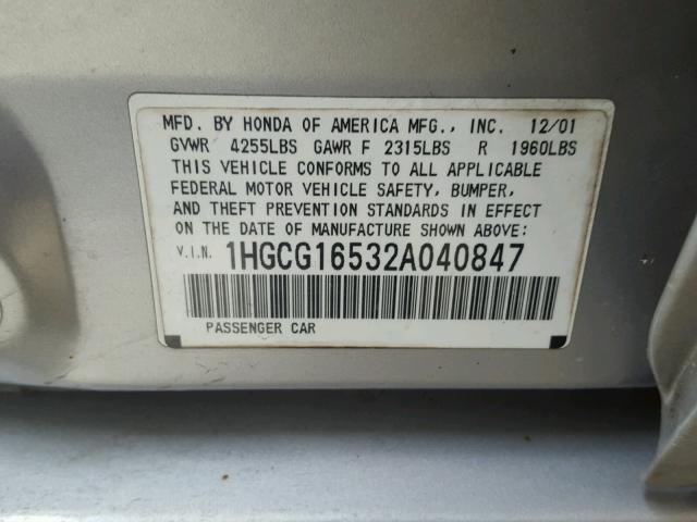 1HGCG16532A040847 - 2002 HONDA ACCORD EX SILVER photo 10