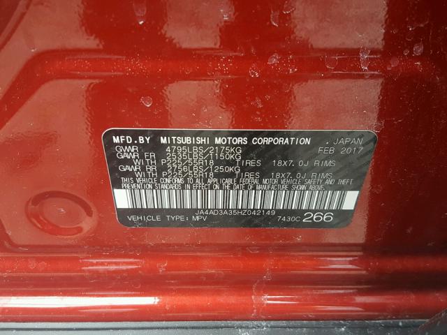 JA4AD3A35HZ042149 - 2017 MITSUBISHI OUTLANDER RED photo 10