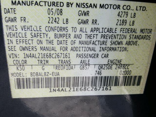 1N4AL21E68C267161 - 2008 NISSAN ALTIMA 2.5 GRAY photo 10