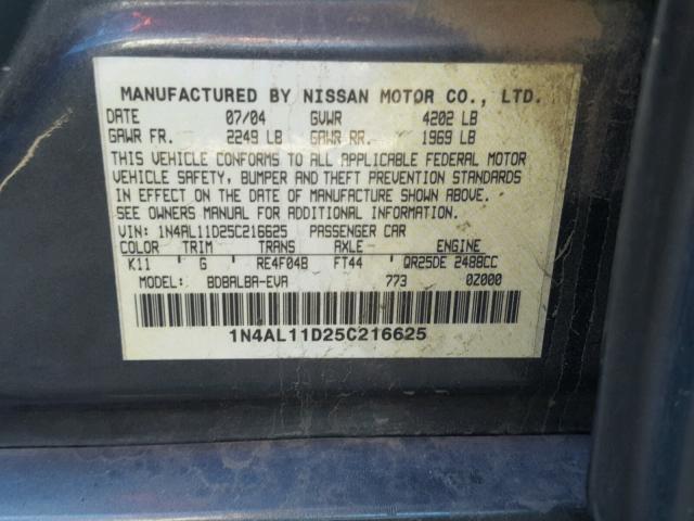 1N4AL11D25C216625 - 2005 NISSAN ALTIMA S GRAY photo 10