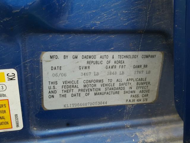 KL1TD56687B053044 - 2007 CHEVROLET AVEO BASE Mavi foto 10