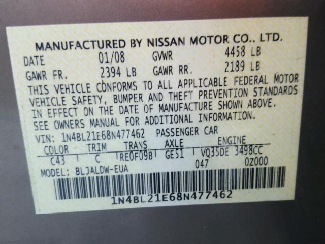 1N4BL21E68N477462 - 2008 NISSAN ALTIMA 3.5 GOLD photo 10