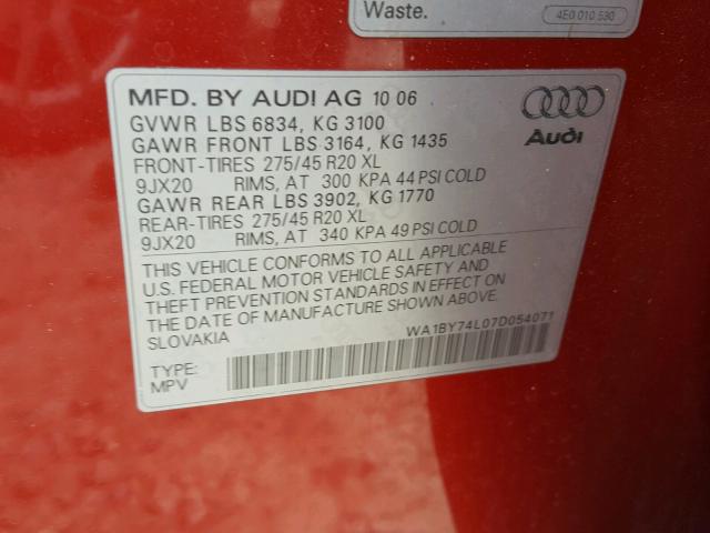 WA1BY74L07D054071 - 2007 AUDI Q7 3.6 QUA RED photo 10