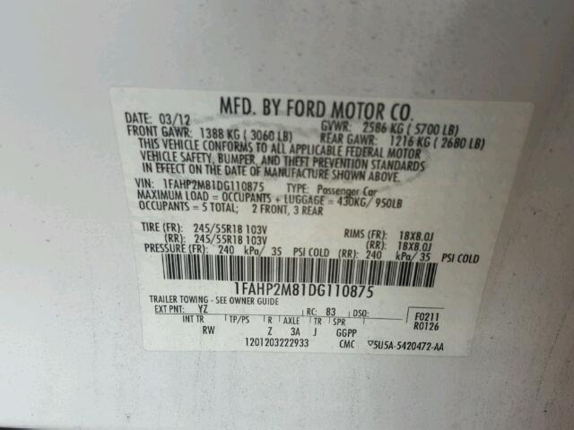 1FAHP2M81DG110875 - 2013 FORD TAURUS POL WHITE photo 10