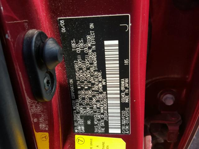 JTEDS41A082061094 - 2008 TOYOTA HIGHLANDER RED photo 10