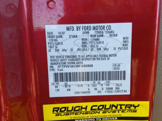 1FTPW14V38FA50568 - 2008 FORD F150 SUPER RED photo 10