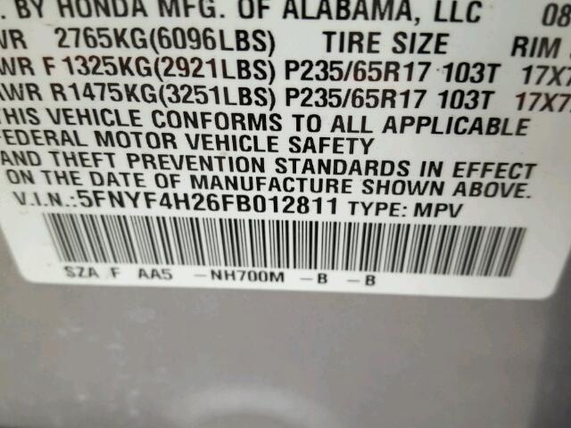 5FNYF4H26FB012811 - 2015 HONDA PILOT LX SILVER photo 10