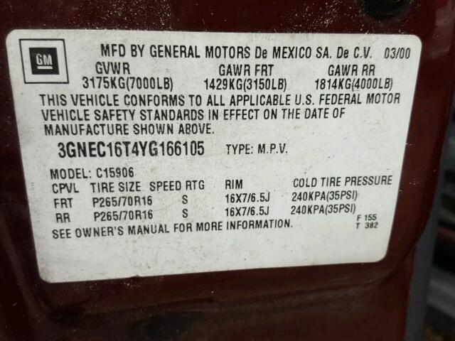 3GNEC16T4YG166105 - 2000 CHEVROLET SUBURBAN C MAROON photo 10