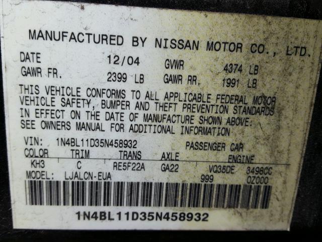 1N4BL11D35N458932 - 2005 NISSAN ALTIMA SE BLACK photo 10