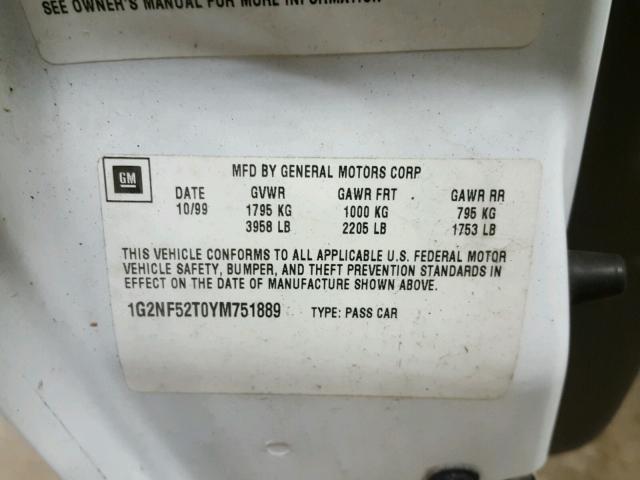 1G2NF52T0YM751889 - 2000 PONTIAC GRAND AM S თეთრი ფოტო 10