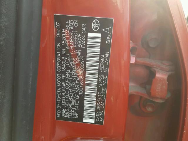 JTDBT923874000679 - 2007 TOYOTA YARIS RED photo 10