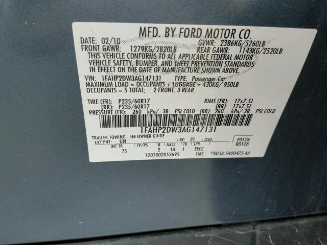 1FAHP2DW3AG147131 - 2010 FORD TAURUS SE BLUE photo 10