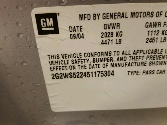 2G2WS522451175304 - 2005 PONTIAC GRAND PRIX SILVER photo 10