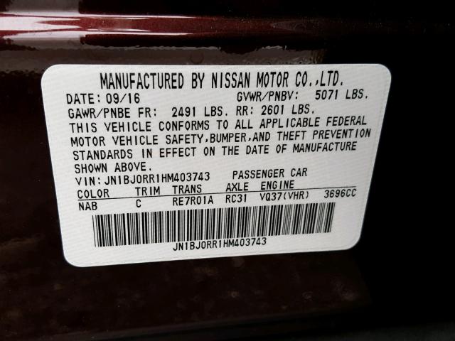 JN1BJ0RR1HM403743 - 2017 INFINITI QX50 BURGUNDY photo 10