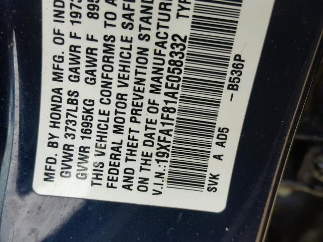 19XFA1F81AE058332 - 2010 HONDA CIVIC EX ლურჯი ფოტო 10