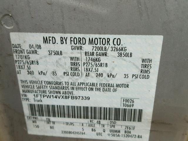 1FTPW14VX8FB97339 - 2008 FORD F150 SUPER SILVER photo 10