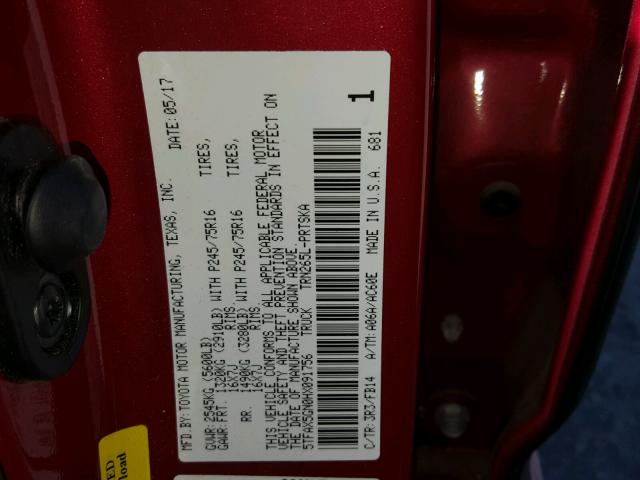 5TFAX5GN0HX091756 - 2017 TOYOTA TACOMA DOU RED photo 10