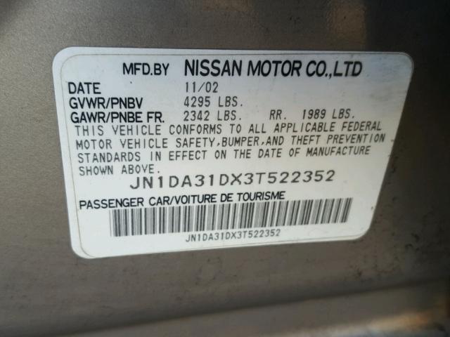 JN1DA31DX3T522352 - 2003 NISSAN MAXIMA GLE GRAY photo 10